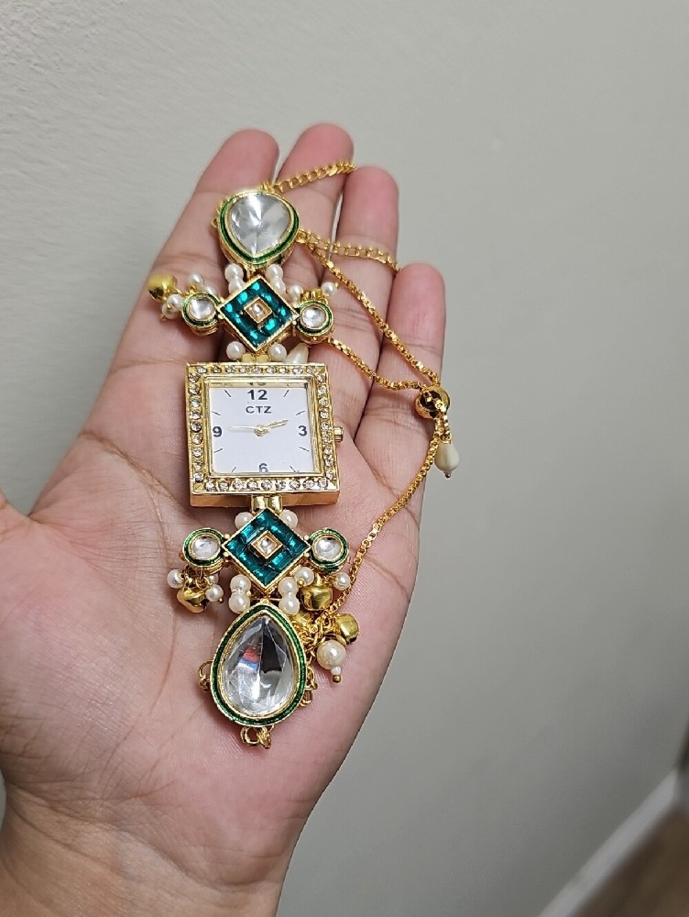 CTZ Gold-tone Pendant Watch Necklace with Green & White Accents - Picture 3 of 5